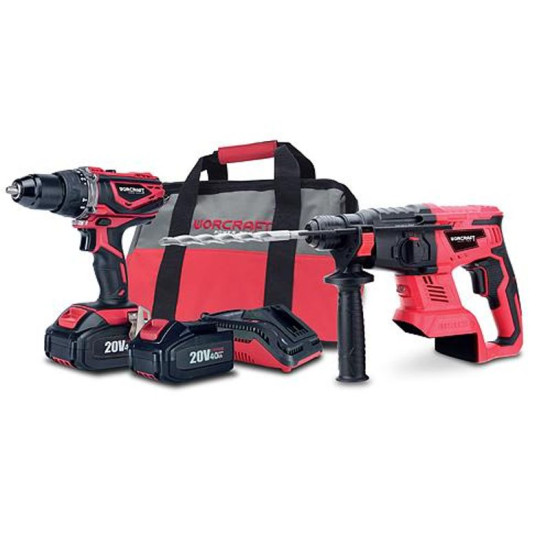 Komplekts Worcraft SW-04, S20LI, 1x rotējošais āmurs, 1x urbis, 2x akumulators, 1x lādētājs + 1x soma