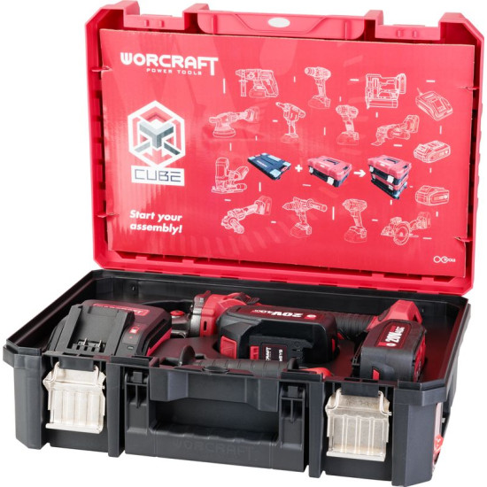 Набор Worcraft XCUBE003 Ящик для инструментов, угловая шлифовальная машина CAG-S20LiBS 125 мм, 2 аккумулятора 4,0 Ач, 1 зарядное устройство
