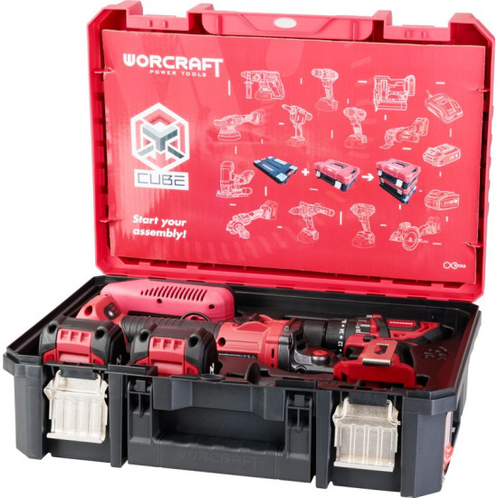 Набор Worcraft XCUBE001 Ящик для инструментов, отвертка CHD-S20LiBA + угловая шлифовальная машина CAG-S20LiBS-125 мм, безуглеродистая, 2 аккумулятора 4,0 Ач, 1 зарядное устройство