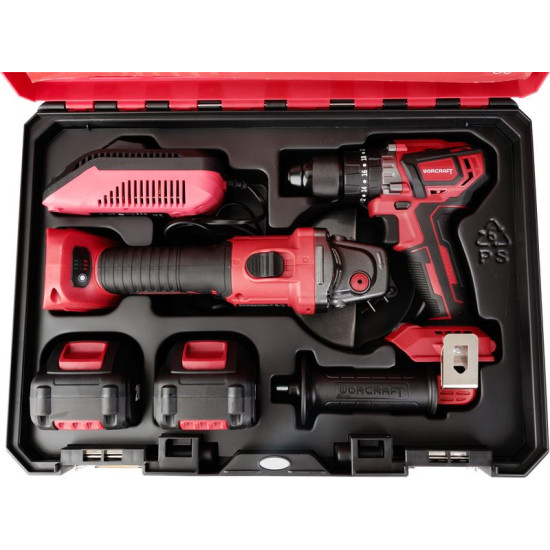Набор Worcraft XCUBE001 Ящик для инструментов, отвертка CHD-S20LiBA + угловая шлифовальная машина CAG-S20LiBS-125 мм, безуглеродистая, 2 аккумулятора 4,0 Ач, 1 зарядное устройство
