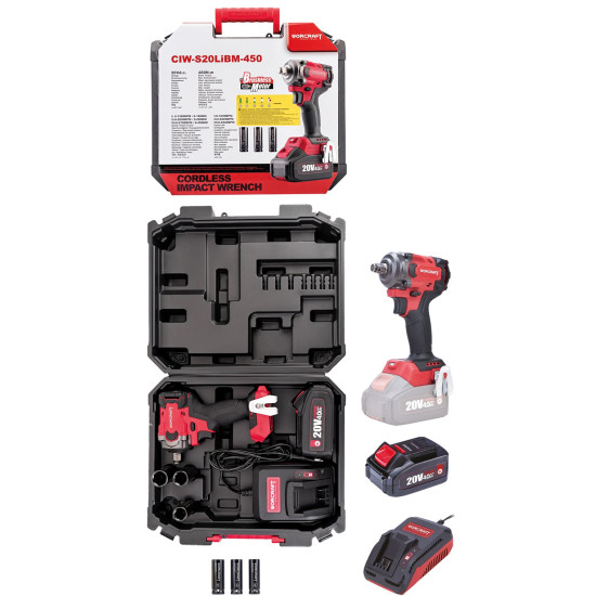 Trieciena uzgriežņu atslēga worcraft ciW-S20LIBM-450 Nm, 20v li-ion, trieciens, 450 nm, 1/2 "kvadrāts, 1x 4,0