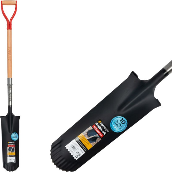 Spade Strend Pro Premium RedShark, narrow, drainage, with wooden handle D 1280 mm, warranty 10 years.