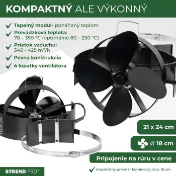 Strend Pro ventilators, kamīns, ar skursteņa turētāju un magnētu, apsildāms, 4 asmeņu, melns Strend Pro ventilators, kamīns, ar skursteņa turētāju un magnētu, apsildāms, 4 asmeņu, melns