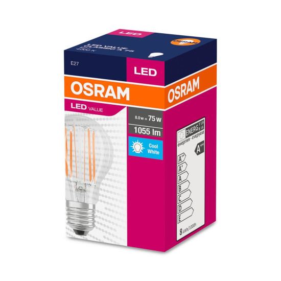 Bulb OSRAM® LED FIL 075 (ean8683) non-dim, 8W/840 E27 4000K Value CLASSIC A