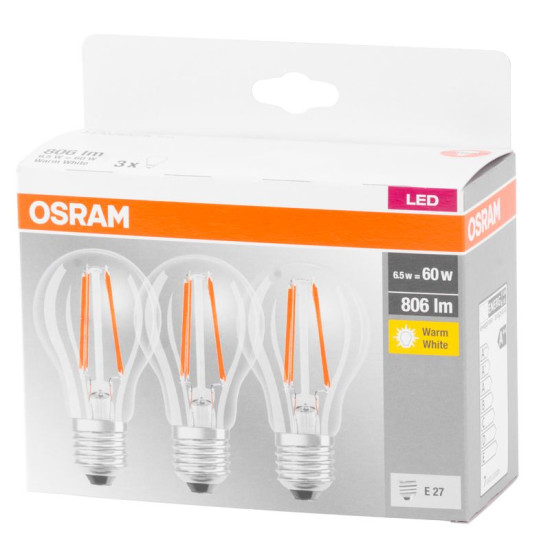 Spuldze OSRAM® LED FR 060 (ean9351) bez dim 7W/827 E27 2700K MULTIPACK bal. 3 gab., Star CLASSIC A