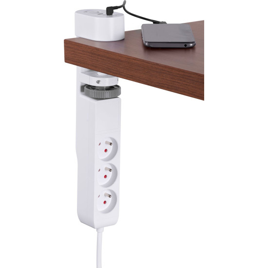 Strend Pro, L-1,4 м, Тройник, удлинитель, 6 в 1, 3 гнезда, 2 USB-A, 1 USB-C, с зажимом для стола