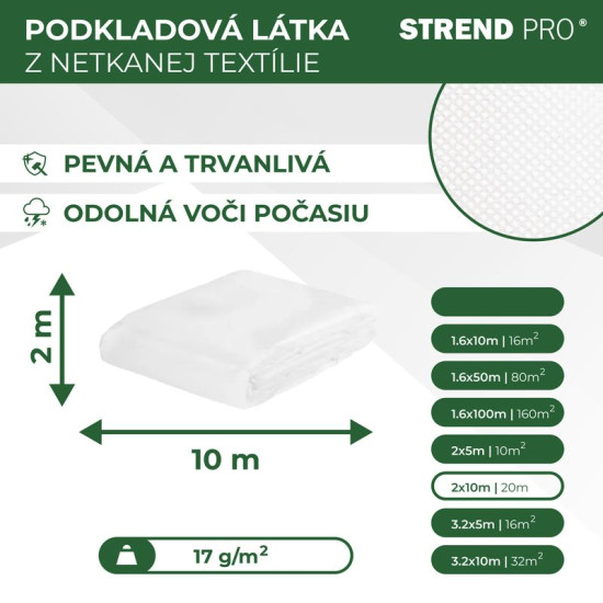 Nonwoven fabric 2,0x10m 17g/m2, white.