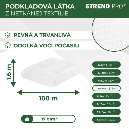 Nonwoven fabric 1,6x100m 17g/m2, white. roll packing