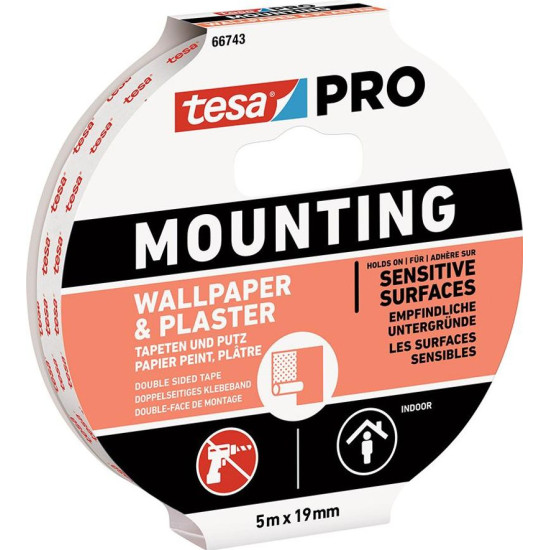 tesa® Mounting PRO tape, mounting, for wallpaper and plaster, adhesive, 19 mm, L-5 m