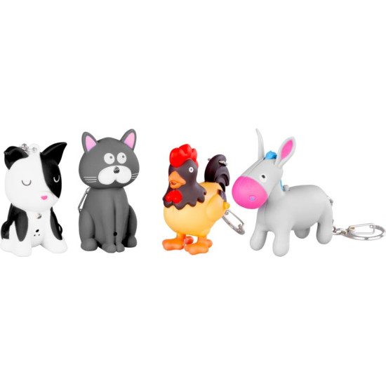Strend Pro Брелок-светильник, брелок, подвеска со звуком, кот/собака/петух/осел, светодиод 5 лм, Sellbox 24 шт.