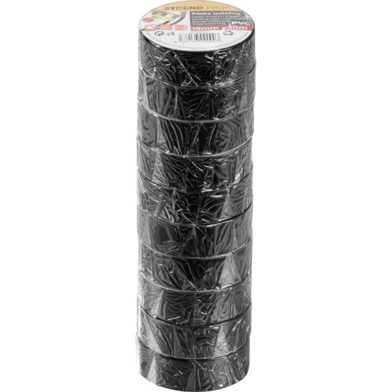 Tape Strend Pro, 19 mm, L-10 m, max. 80°C, 600V, black, insulating, adhesive, PVC, pack. 10 pcs