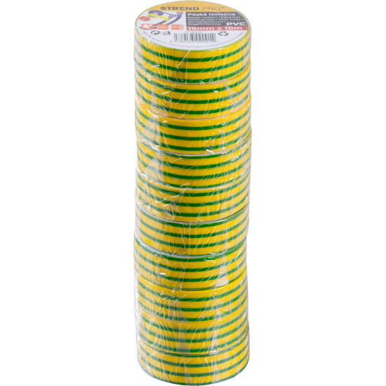 Tape Strend Pro, 19 mm, L-10 m, max. 80°C, 600V, green-yellow, insulating, adhesive, PVC, pack of 10 pcs.