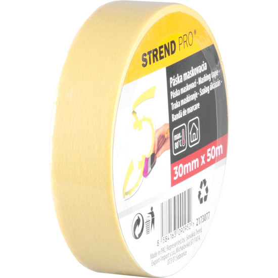 Лента Strend Pro, 30 мм, L-50 м, 80°C, малярная, маскирующая, самоклеящаяся, желтая
