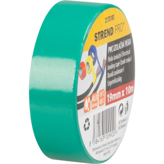 Strend Pro lente, 19 mm, L-10 m, maks. 80°C, 600V, zaļa, izolējoša, līmējoša, PVC, iepakojums. 10 gab Strend Pro lente, 19 mm, L-10 m, maks. 80°C, 600V, zaļa, izolējoša, līmējoša, PVC, iepakojums. 10 gab
