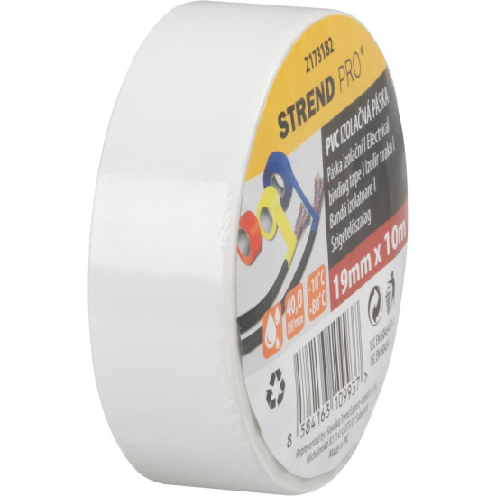 Strend Pro lente, 19 mm, L-10 m, maks. 80°C, 600V, balta, izolējoša, līmējoša, PVC, iepakojums. 10 gab Strend Pro lente, 19 mm, L-10 m, maks. 80°C, 600V, balta, izolējoša, līmējoša, PVC, iepakojums. 10 gab