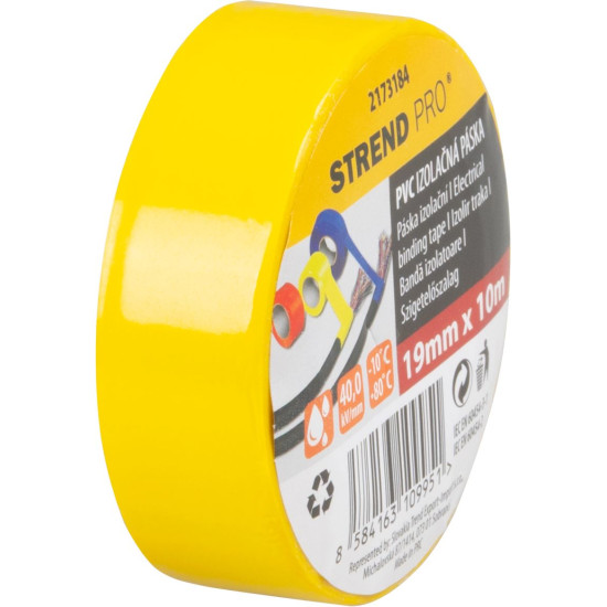 Strend Pro lente, 19 mm, L-10 m, maks. 80°C, 600V, dzeltena, izolējoša, līmējoša, PVC, iepakojums. 10 gab Strend Pro lente, 19 mm, L-10 m, maks. 80°C, 600V, dzeltena, izolējoša, līmējoša, PVC, iepakojums. 10 gab