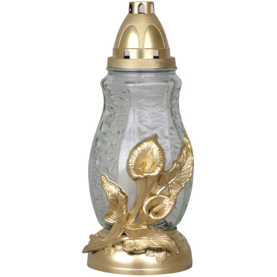 Grave lantern, with calla lilies, gold/silver color mix, 40 h, 110 g, height 28 cm, for the grave Grave lantern, with calla lilies, gold/silver color mix, 40 h, 110 g, height 28 cm, for the grave
