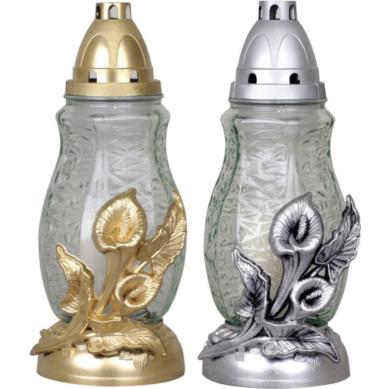 Grave lantern, with calla lilies, gold/silver color mix, 40 h, 110 g, height 28 cm, for the grave Grave lantern, with calla lilies, gold/silver color mix, 40 h, 110 g, height 28 cm, for the grave