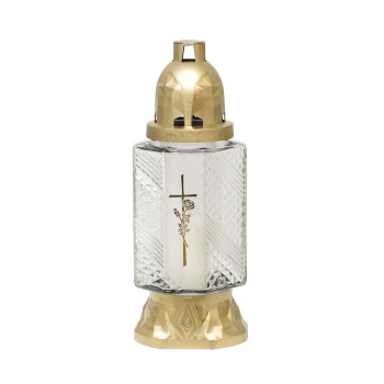 Cross burner, clear glass, 28 h, 25.5 cm, gold-plated, for grave, mix of patterns Cross burner, clear glass, 28 h, 25.5 cm, gold-plated, for grave, mix of patterns