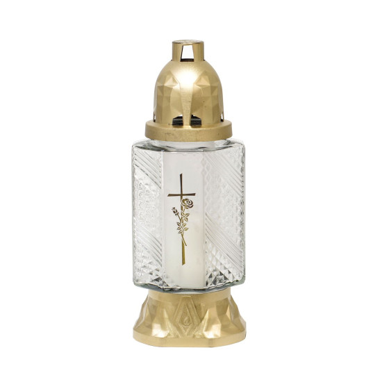 Cross burner, clear glass, 28 h, 25.5 cm, gold-plated, for grave, mix of patterns Cross burner, clear glass, 28 h, 25.5 cm, gold-plated, for grave, mix of patterns