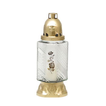 Cross burner, clear glass, 28 h, 25.5 cm, gold-plated, for grave, mix of patterns