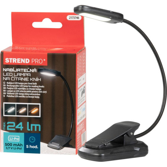 Лампа Strend Pro, для чтения книги, светодиодная, USB, 24 лм, 3 цветовых оттенка, диммируемая, перезаряжаемая