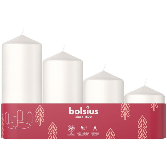Bolsius Pillar Adventes sveces, Ziemassvētki, baltas, 60/80/100/120x48 mm, iepakojums. 4 gab Bolsius Pillar Adventes sveces, Ziemassvētki, baltas, 60/80/100/120x48 mm, iepakojums. 4 gab