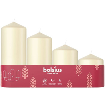 Bolsius Pillar Adventes sveces, Ziemassvētki, krēms, 60/80/100/120x48 mm, iepakojums. 4 gab Bolsius Pillar Adventes sveces, Ziemassvētki, krēms, 60/80/100/120x48 mm, iepakojums. 4 gab