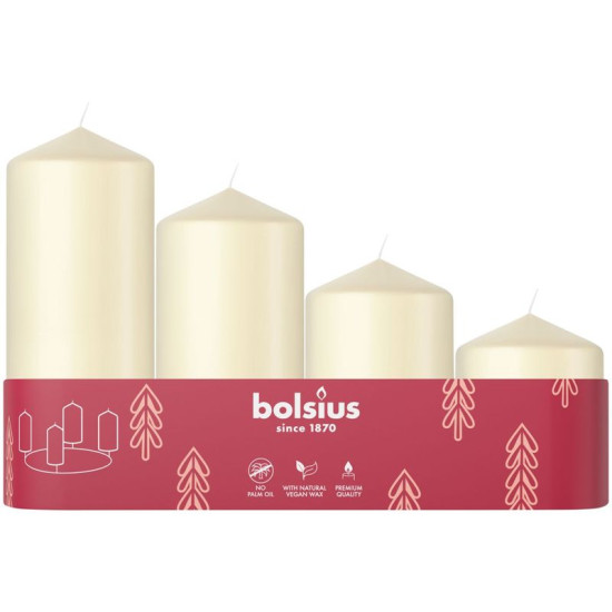 Bolsius Pillar Adventes sveces, Ziemassvētki, krēms, 60/80/100/120x48 mm, iepakojums. 4 gab Bolsius Pillar Adventes sveces, Ziemassvētki, krēms, 60/80/100/120x48 mm, iepakojums. 4 gab