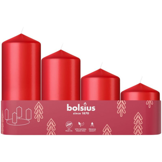 Bolsius Pillar Adventes sveces, Ziemassvētki, sarkanas, 60/80/100/120x48 mm, iepakojums. 4 gab Bolsius Pillar Adventes sveces, Ziemassvētki, sarkanas, 60/80/100/120x48 mm, iepakojums. 4 gab