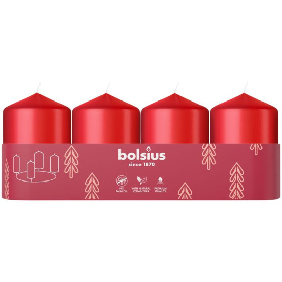 Bolsius Pillar Adventes sveces, sarkanas, 60x40mm, iepakojums. 4 gab Bolsius Pillar Adventes sveces, sarkanas, 60x40mm, iepakojums. 4 gab