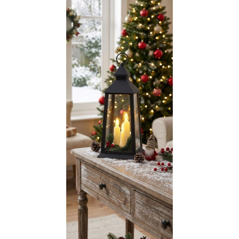 MagicHome Christmas lantern, plastic, black, 3xLED yellow, 14x14x35 cm, 3xAAA