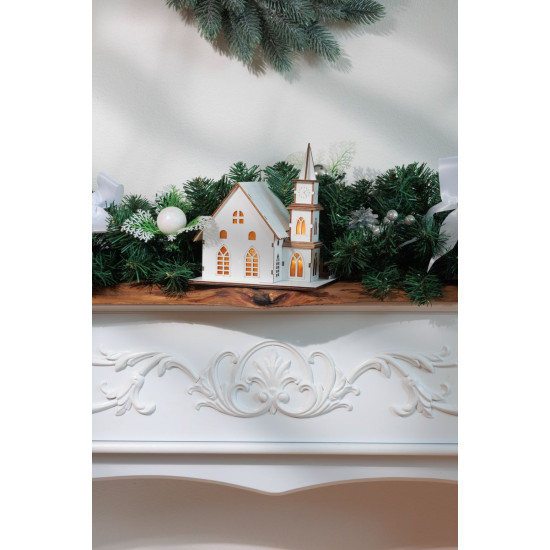 MagicHome Christmas decoration, church, wood, 6xLED warm white, 15x17x18.5 cm, 2xAAA MagicHome Christmas decoration, church, wood, 6xLED warm white, 15x17x18.5 cm, 2xAAA