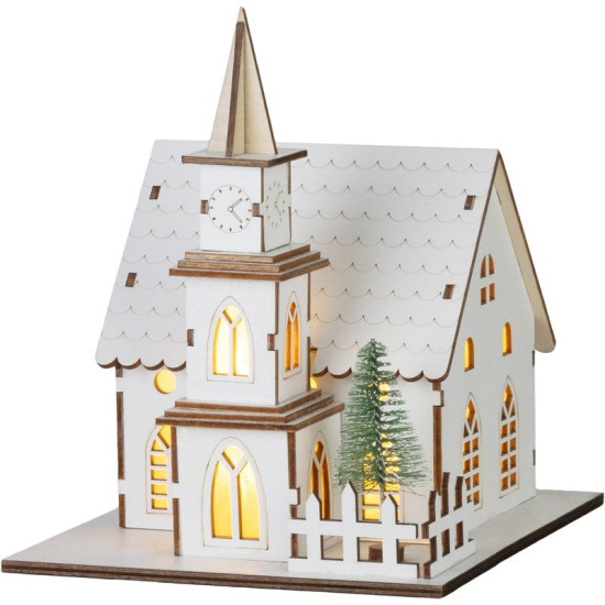 MagicHome Christmas decoration, church, wood, 6xLED warm white, 15x17x18.5 cm, 2xAAA MagicHome Christmas decoration, church, wood, 6xLED warm white, 15x17x18.5 cm, 2xAAA