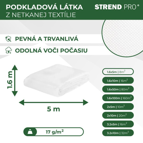 Nonwoven fabric 1,6x05m 17g/m2, white.