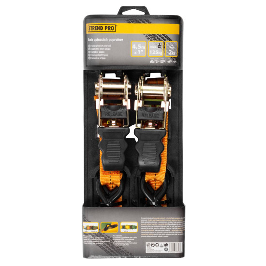 Стяжка Strend Pro TRS-702, ремень с храповым механизмом, 25 мм, L-4,5 м, макс. 500 кг, 2 шт.