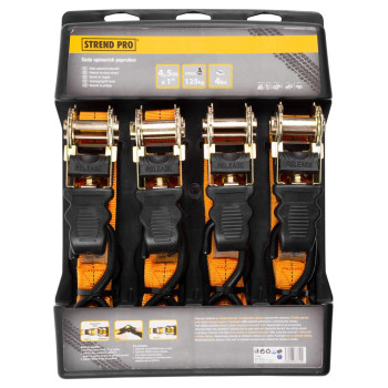 Стяжка Strend Pro TRS-718, ремень с храповым механизмом, 25 мм, L-4,5 м, макс. 500 кг, 4 шт.