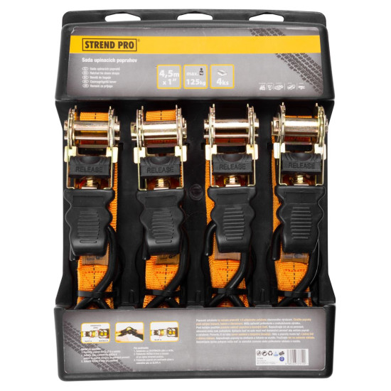 Стяжка Strend Pro TRS-718, ремень с храповым механизмом, 25 мм, L-4,5 м, макс. 500 кг, 4 шт.
