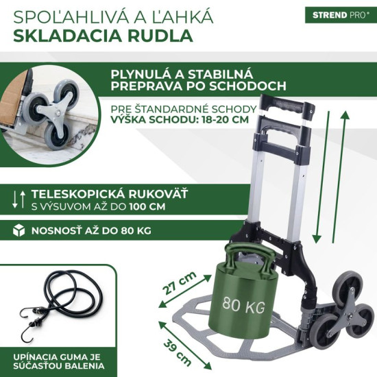Rokas kravas automašīna Strend Pro, transporta ratiņi, saliekamā kāpšana pa kāpnēm, teleskopiska, maks. 80 kg