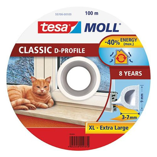 Durvju blīvējums tesamoll® profils D, 9 mm, balts, 100 m