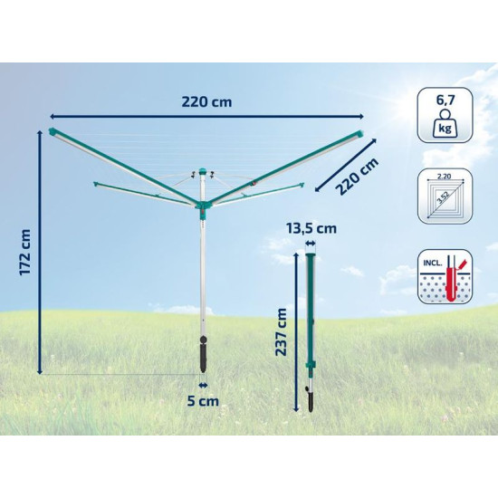 <p>Outdoor swivel dryer with easy opening and closing - weatherproof, stainless, aluminum - patented system of pulling cords into the sides, cords are protected from rain and dirt - mechanism for ideal cord release - two holes for hangers on each arm - easier thanks to the Easy-Lift system (push-button system) - easier to close without the need to bend down - up to 6 washing machines - plastic holder / case for concreting included - cover for a garden dryer is also included in the package.</p>