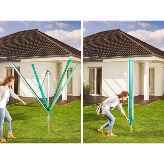 <p>Outdoor swivel dryer with easy opening and closing - weatherproof, stainless, aluminum - patented system of pulling cords into the sides, cords are protected from rain and dirt - mechanism for ideal cord release - two holes for hangers on each arm - easier thanks to the Easy-Lift system (push-button system) - easier to close without the need to bend down - up to 6 washing machines - plastic holder / case for concreting included - cover for a garden dryer is also included in the package.</p>