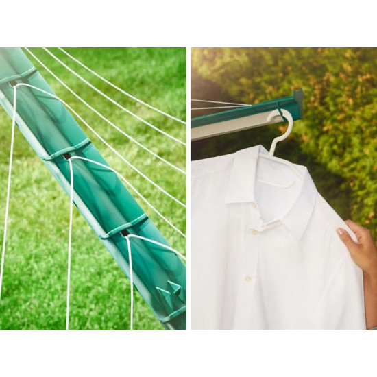 <p>Outdoor swivel dryer with easy opening and closing - weatherproof, stainless, aluminum - patented system of pulling cords into the sides, cords are protected from rain and dirt - mechanism for ideal cord release - two holes for hangers on each arm - easier thanks to the Easy-Lift system (push-button system) - easier to close without the need to bend down - up to 6 washing machines - plastic holder / case for concreting included - cover for a garden dryer is also included in the package.</p>