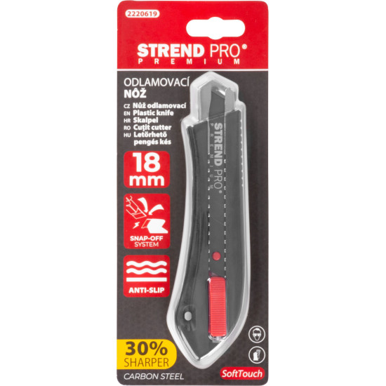 Нож с отламывающимся лезвием Strend Pro Premium, BlackMatt, SoftTouch, 18 мм,  black-line