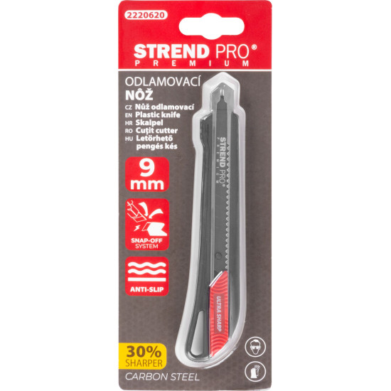 Нож с отламывающимся лезвием Strend Pro Premium, BlackMatt, SoftTouch, 9 мм, black-line