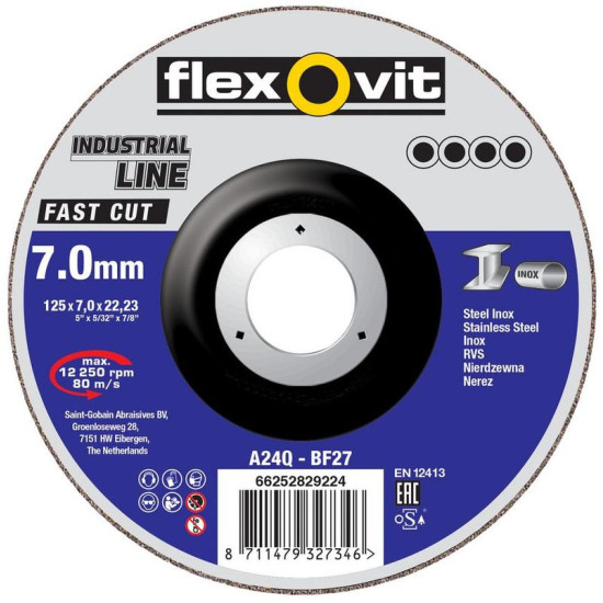 Disks flexOvit Industrial Line Fast Cut, 125x7.0x22.2 mm, A24Q-BF27, tērauds Disks flexOvit Industrial Line Fast Cut, 125x7.0x22.2 mm, A24Q-BF27, tērauds