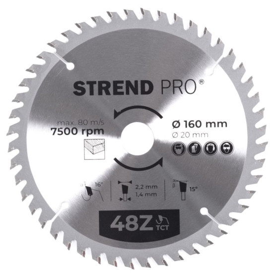 Диск циркулярный Strend рro TсT 160x2,2x20 мм 48T, по дереву Диск циркулярный Strend рro TсT 160x2,2x20 мм 48T, по дереву