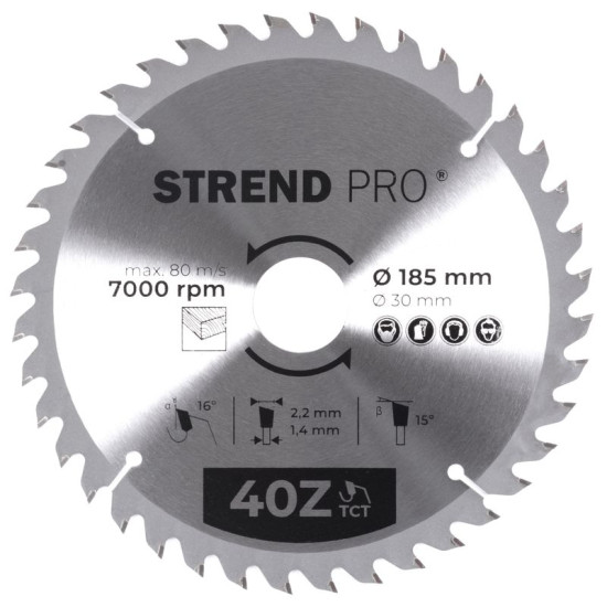 Диск циркулярный Strend рro TсT 185x2,2x30/20 мм 40T, по дереву Диск циркулярный Strend рro TсT 185x2,2x30/20 мм 40T, по дереву
