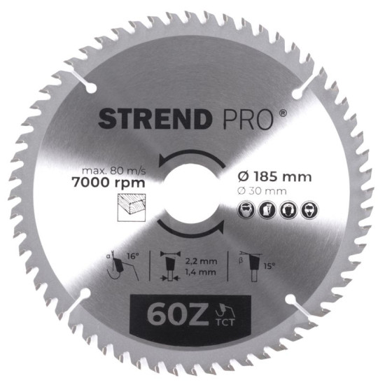 Диск циркулярный Strend рro TсT 185x2,2x30/20 мм 60T, по дереву Диск циркулярный Strend рro TсT 185x2,2x30/20 мм 60T, по дереву