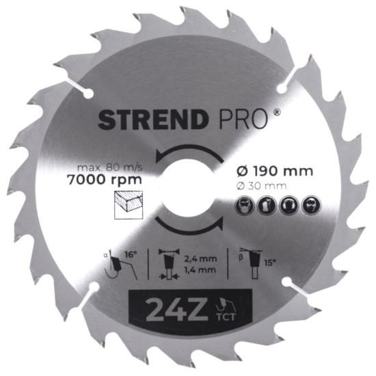 Диск циркулярный Strend рro TсT 190x2,4x30/20 мм 24T, по дереву Диск циркулярный Strend рro TсT 190x2,4x30/20 мм 24T, по дереву